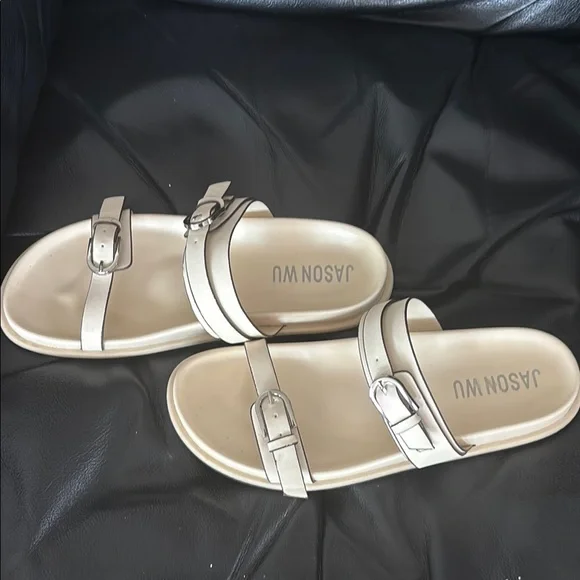 Jason Wu Off-White Slide Sandals with Silver Buckles - Picture 2 of 3